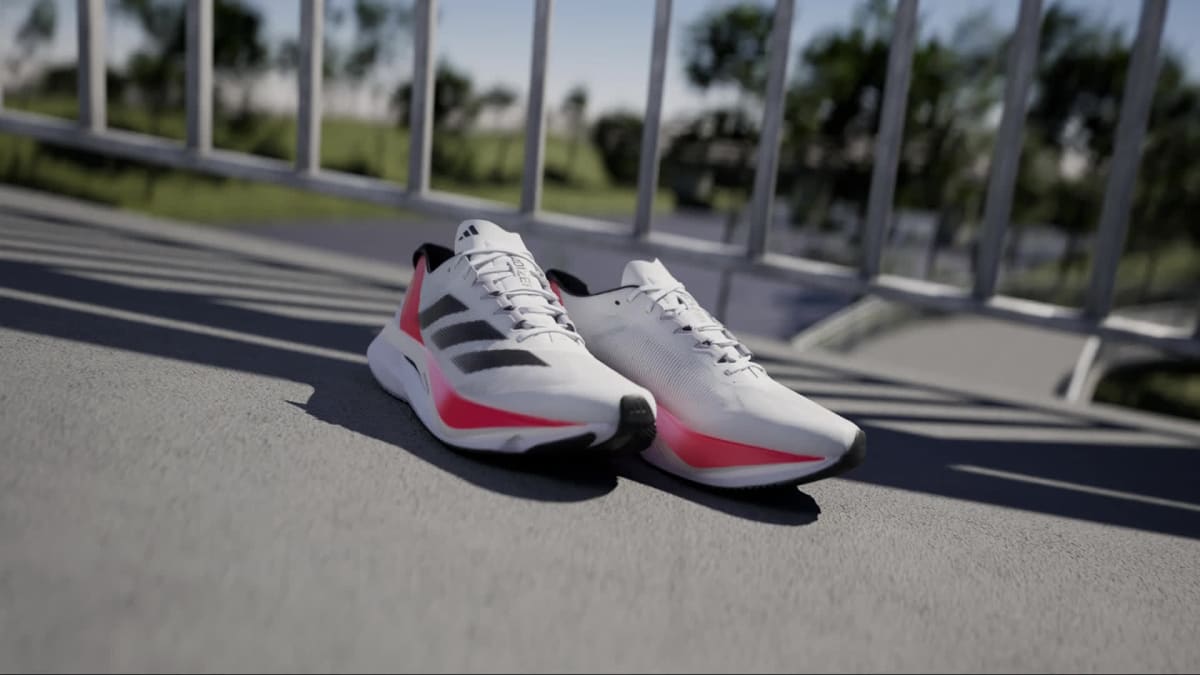 Adidas Men's Adizero Boston 12 Shoes - Cloud White / Aurora Met. / Solar Red - Image 2