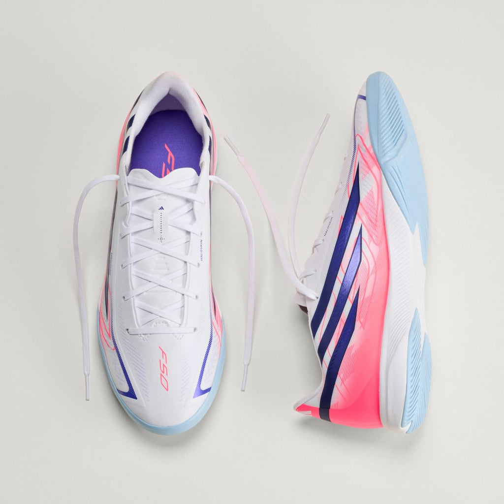 Adidas Women's F50 Hyperfast League Indoor Soccer Cleats - Cloud White / Solar Purple / Solar Turbo - Image 4