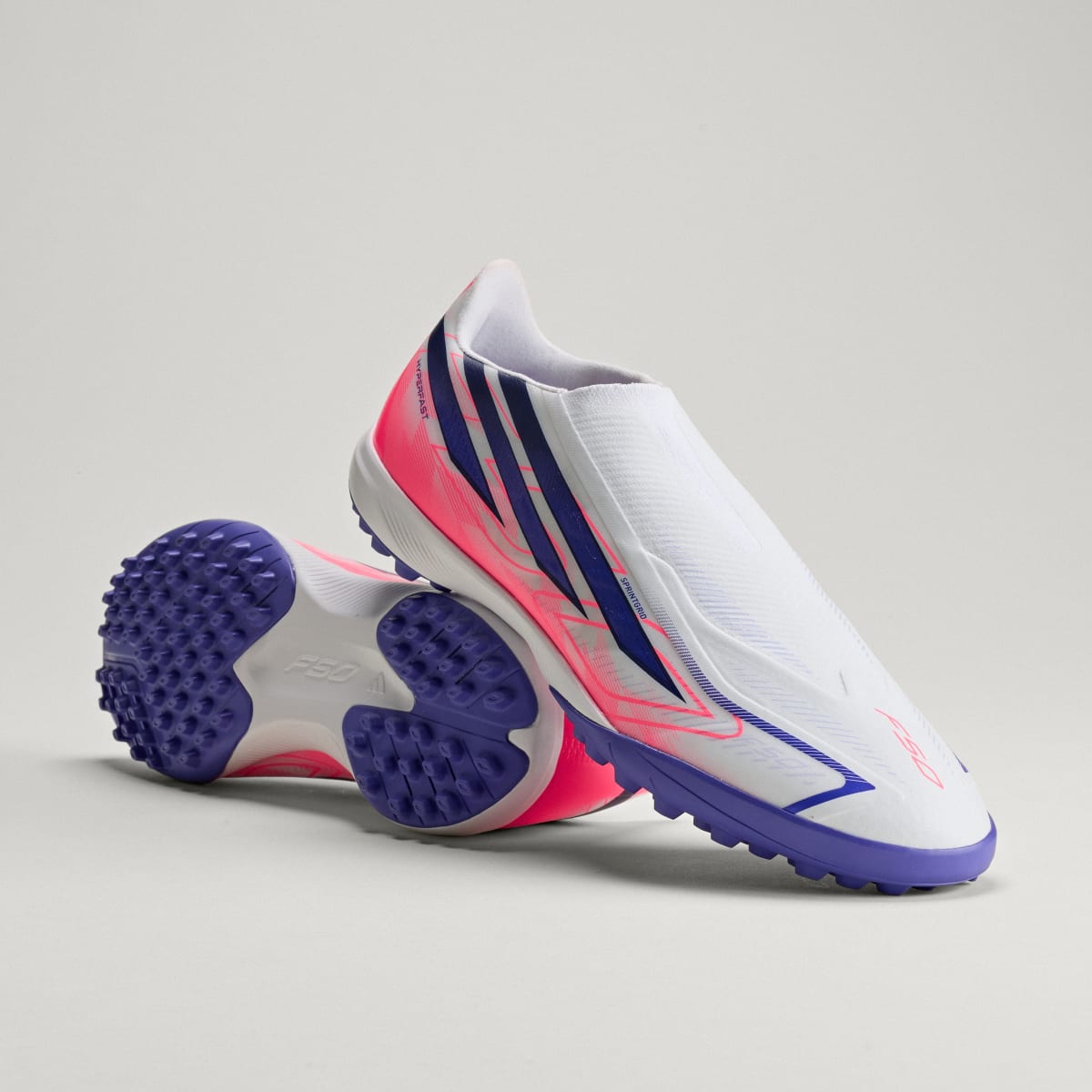 Adidas Women's F50 Hyperfast League Laceless Turf Soccer Cleats - Cloud White / Solar Purple / Solar Turbo - Image 1