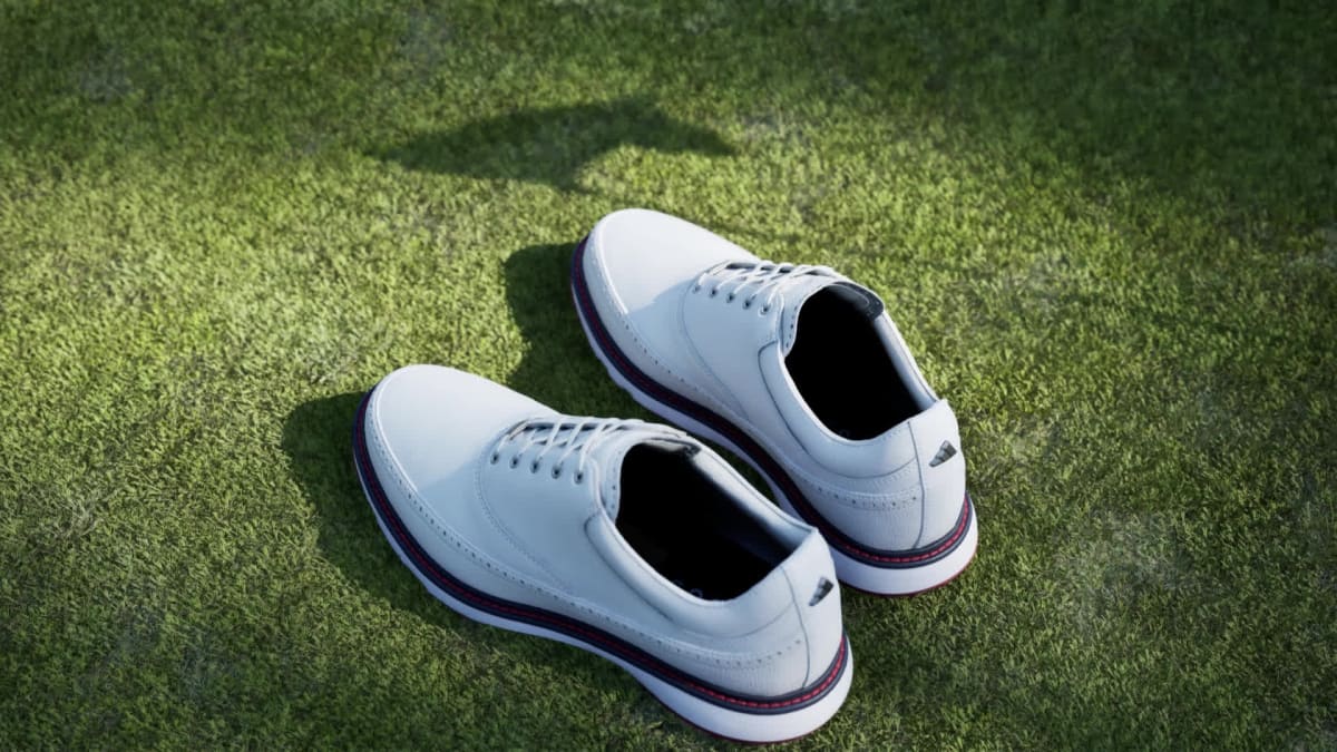 Adidas Men's MC80 SPIKELESS GOLF SHOES - Cloud White / Collegiate Navy / Red - Image 2